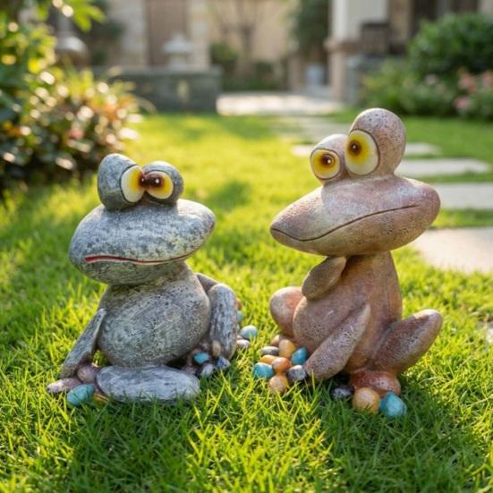 Garden Frog Statue, Cartoon Frog Figurine, Waterproof Resin Animal Sculpture for Yard Patio Lawn Decor