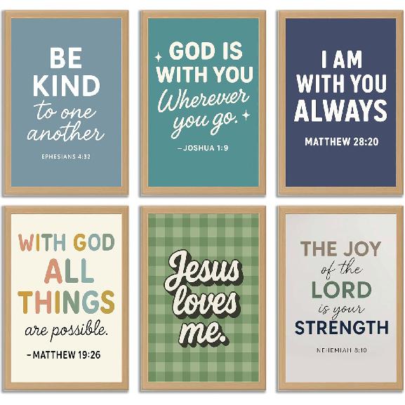 6Pcs Christian Themed Wall Art Boys Room Pictures Wall Decor Kids Bible Verse Posters Prints Artwork for Living Room Bedroom Nursery Home Decoration