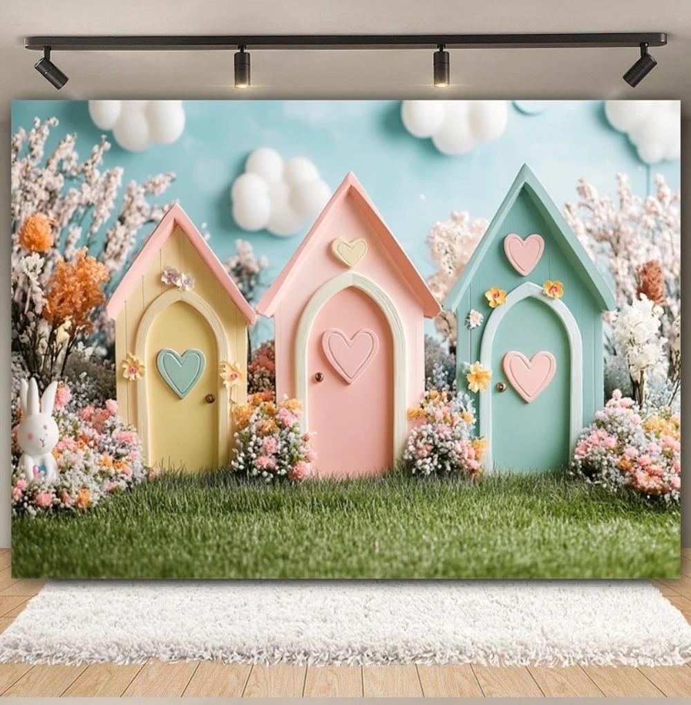 Spring Easter Cottage Colorful Egg Rabbit Photography Background Flower and Tree House Children's Birthday Decoration Backdrop