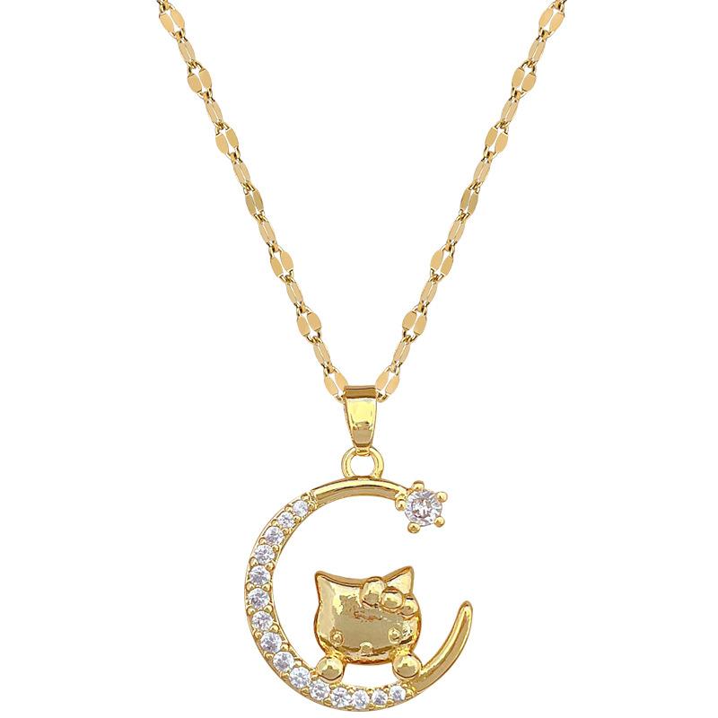Moon Cat Light Luxury Temperament Gorgeous Full Diamond Necklace Female Versatile Collarbone Chain Titanium Steel Chain