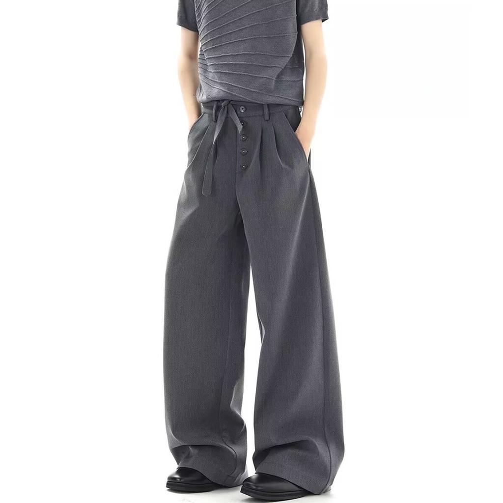 New solid color breasted design trousers men's pleated old money style high-end trendy brand loose wide-leg straight trousers