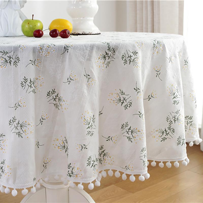 Cotton Table Cloth Round Tablecloth with Tassel Dust-Proof Floret Circular Table Cover for Kitchen Dinning Room Tabletop Decor