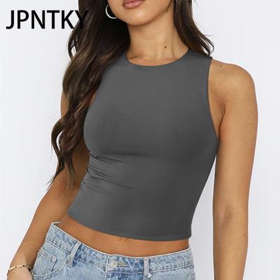 JPNTKY Damenmode Lässig Sommer Frühling Einfarbige Druck ärmellos Rundhals Blusen & Hemden
