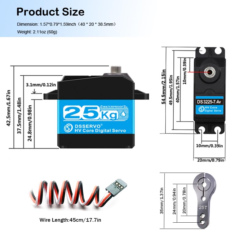 25KG RC Steering Servo 7.4V High Torque | Stainless Steel Gears | Waterproof, 180° Rotation | For RC Cars, Robotics, DIY Projects, Plastic