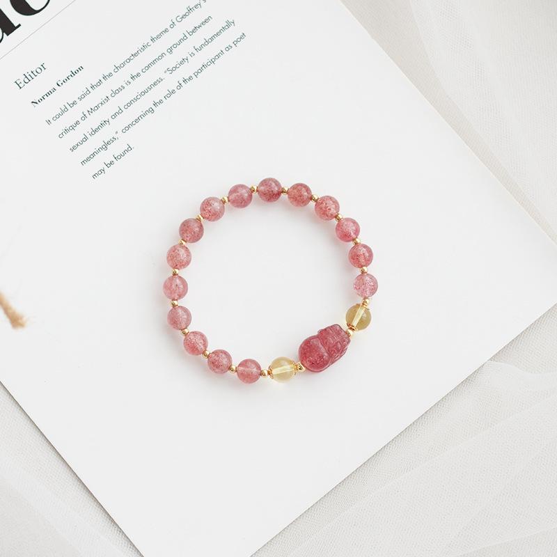 Supply of Strawberry Crystal Pixiu with Yellow Crystal Bracelet for Women, Pink Crystal, Niche Design, Korean Style, Fresh