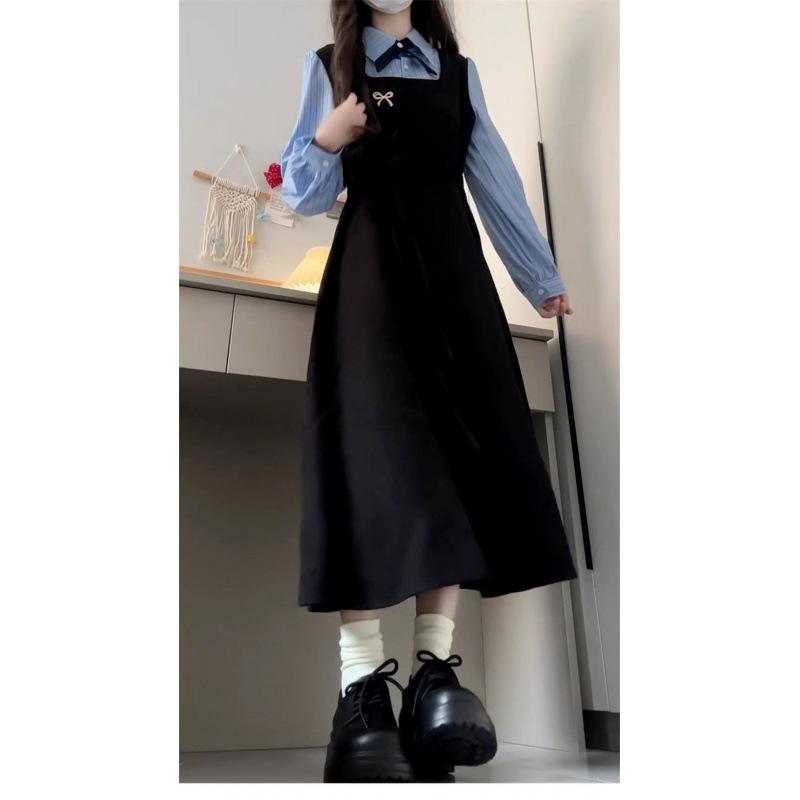 New black fake two-piece long-sleeved dress, small women's clothing, early autumn wear long dress