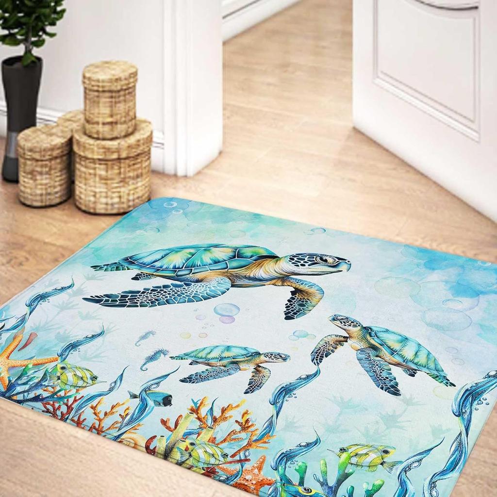 Watercolor Sea Turtle Blue Bathroom Rugs, Nautical Marine Animals Underwater Sea World Bath Rugs, Cute Bath Mats for Bathroom Shower Floor Decor, 17