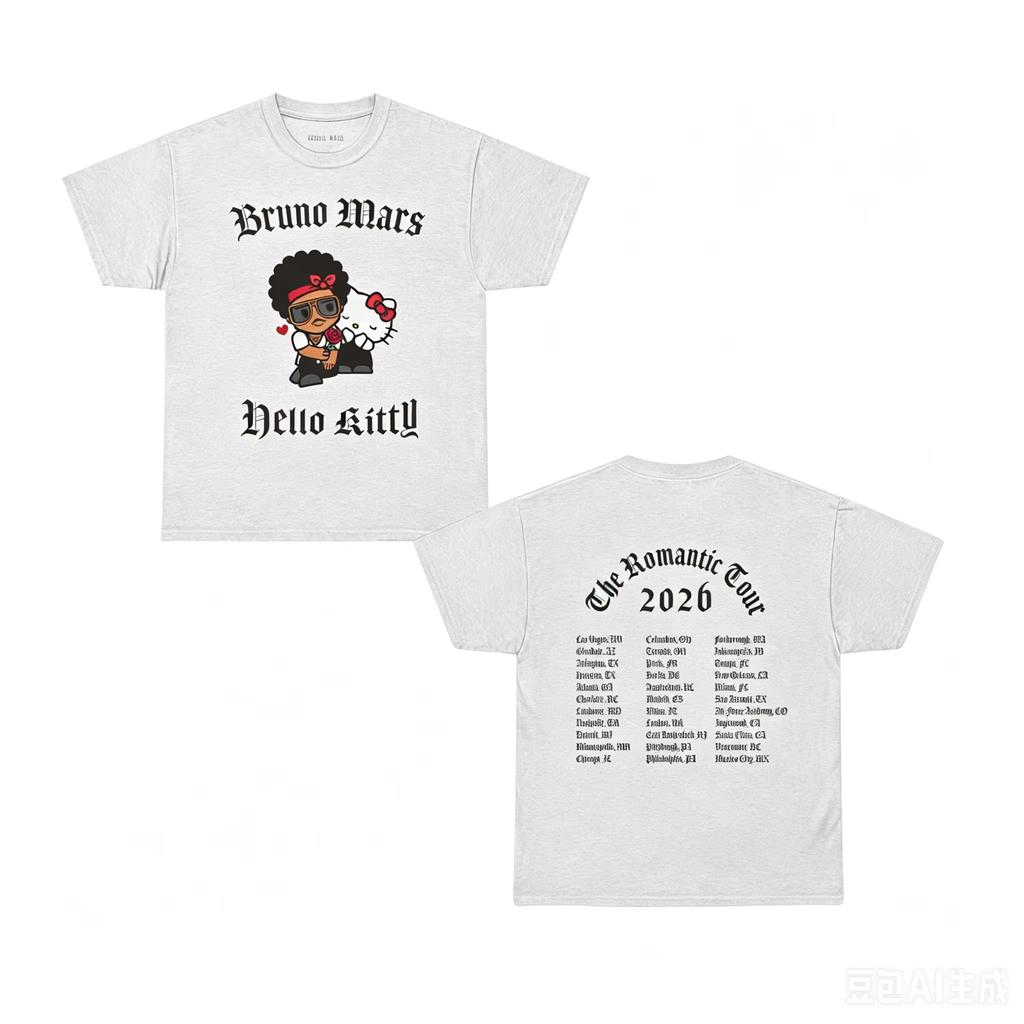 Summer Hot Sale Bruno Mars X Hello Kitty The Romantic Tour Merch Print 2026 T-shirt Y2K Men Women Hip-hop T-shirt Cotton Gothic Round T-shirt