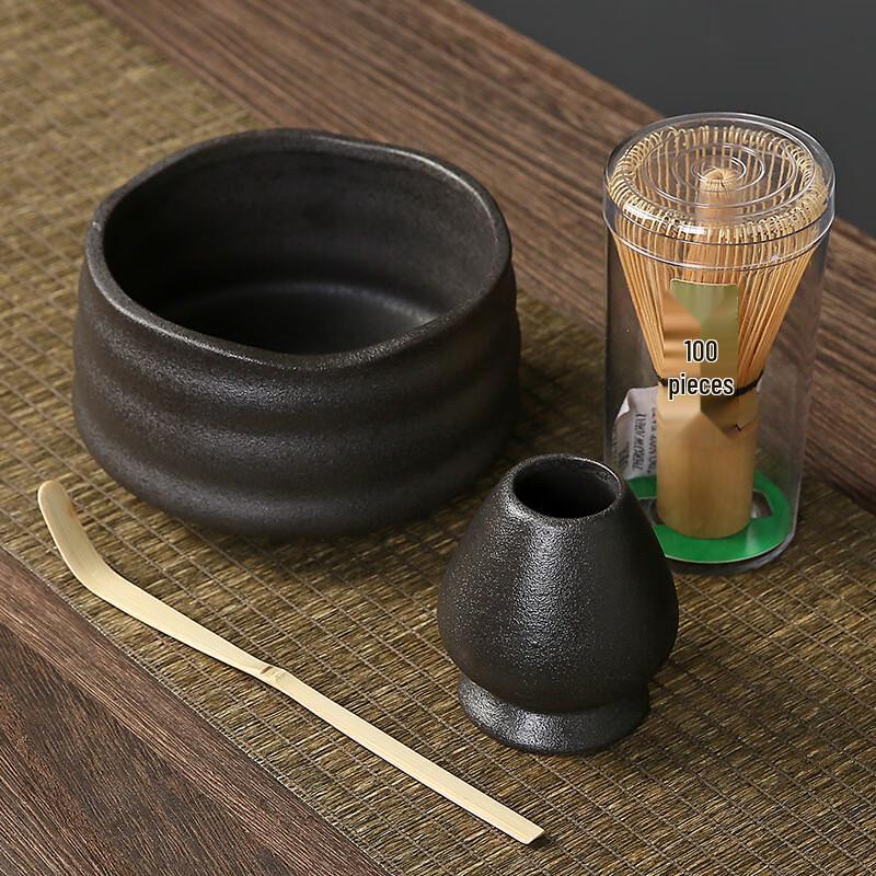 Japanese Matte Black Rough Pottery Matcha Tea Set