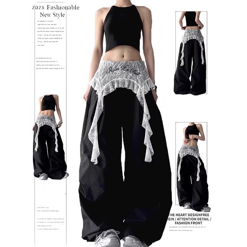 New Spring and Summer Fashion Versatile Lace Splicing Loose Casual Fake Two-piece Wide-leg Tooling Trousers Women's Tide