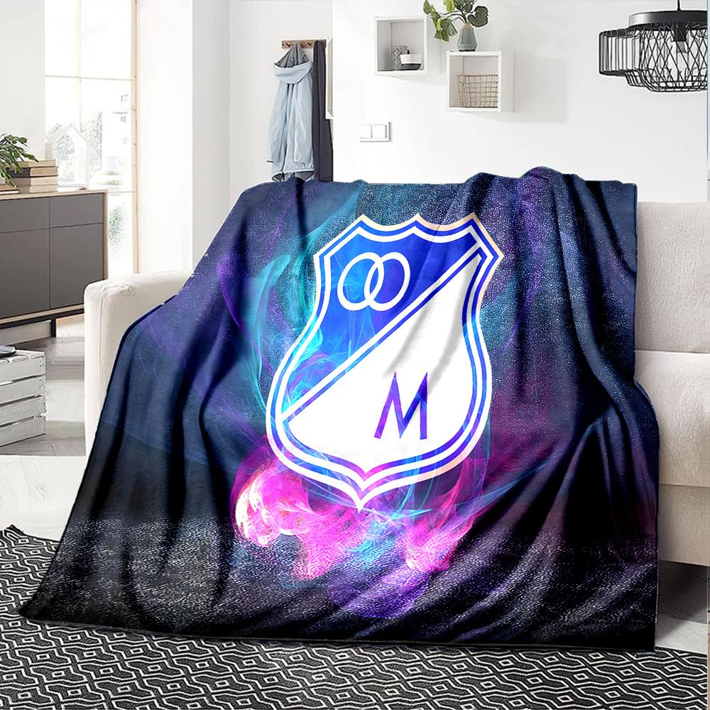 Blue And White Shield Millonarios Flannel Blanket, Soft Polyester, Modern Design, All-Season for Camping, Travel, Gifts for holidays or birthdays
