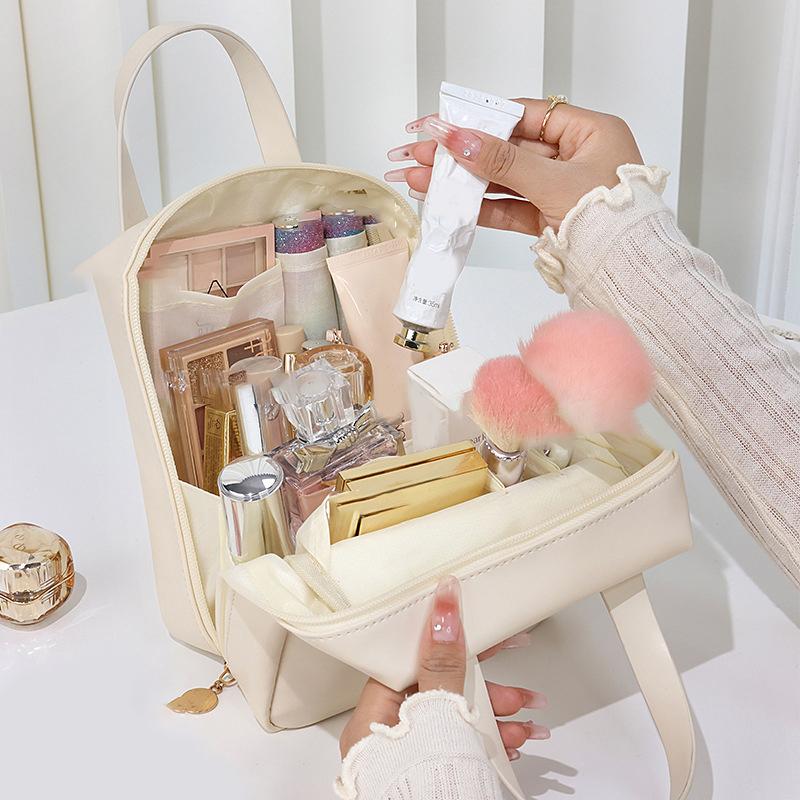 Bolsa de Maquillaje Portátil de Gran Capacidad para Niña con Asa Neceser para Mujer Estuche Organizador de Maquillaje Bolso de Mano Impermeable de Cuero PU