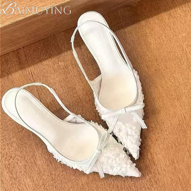 Fashion Mesh Bow Women Heeled Sandals High Heels Pointed Toe Slippers Slingback Shoes Summer 2025 New Trend Party Dress Sexy Pumps Mujer
