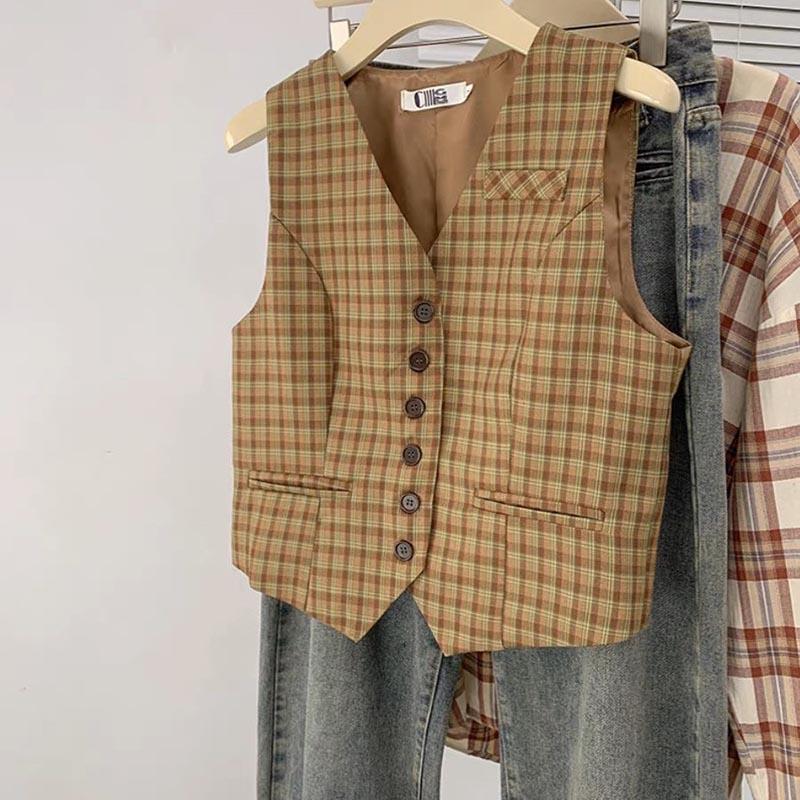 Plaid Vest for Women Cotton Sleeveless Tops Vest Oversize Casual Sleeveless Coat Buttons V-neck Camisole Vest