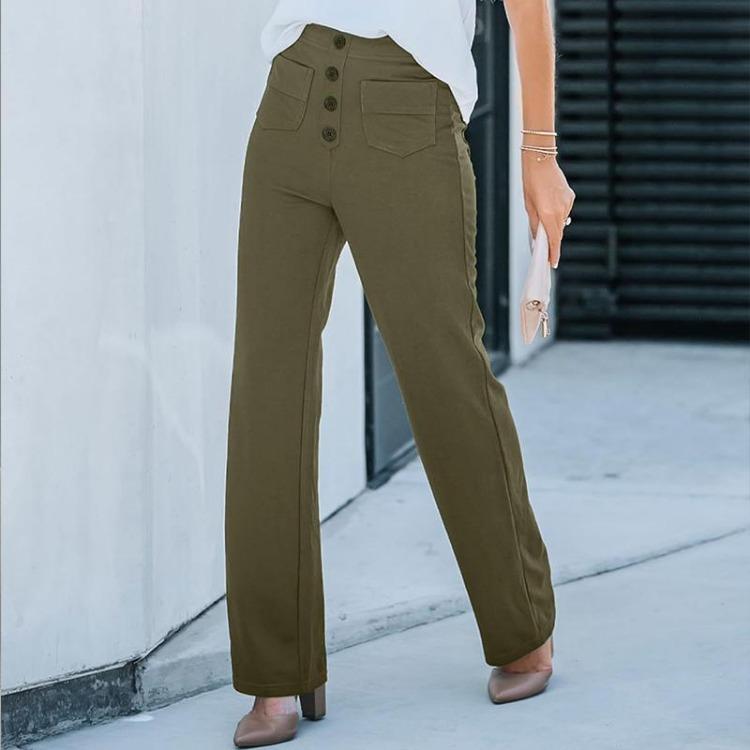 New Women High Waist Casual Straight Pants with Pockets European American Fashion Elastic Waist Button