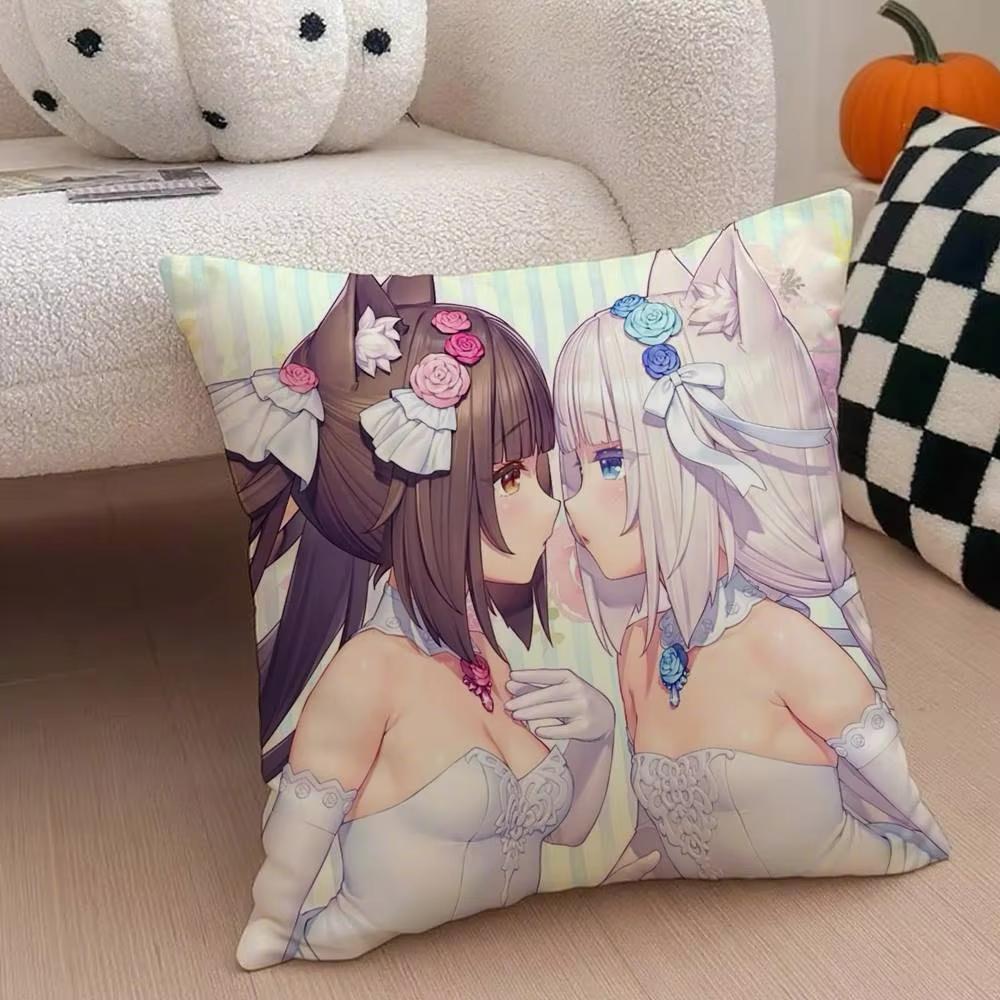 Double Sided Chocola Nekopara Anime Pillow Case AntiDustmite Silky Plush Cushion Cover with Invisible Zipper for Sofa