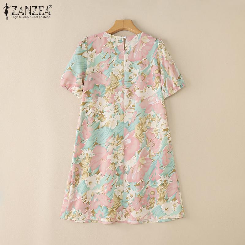 ZANZEA Dámské letní ležérní šaty s kulatým výstřihem a krátkým rukávem s květinovým vzorem