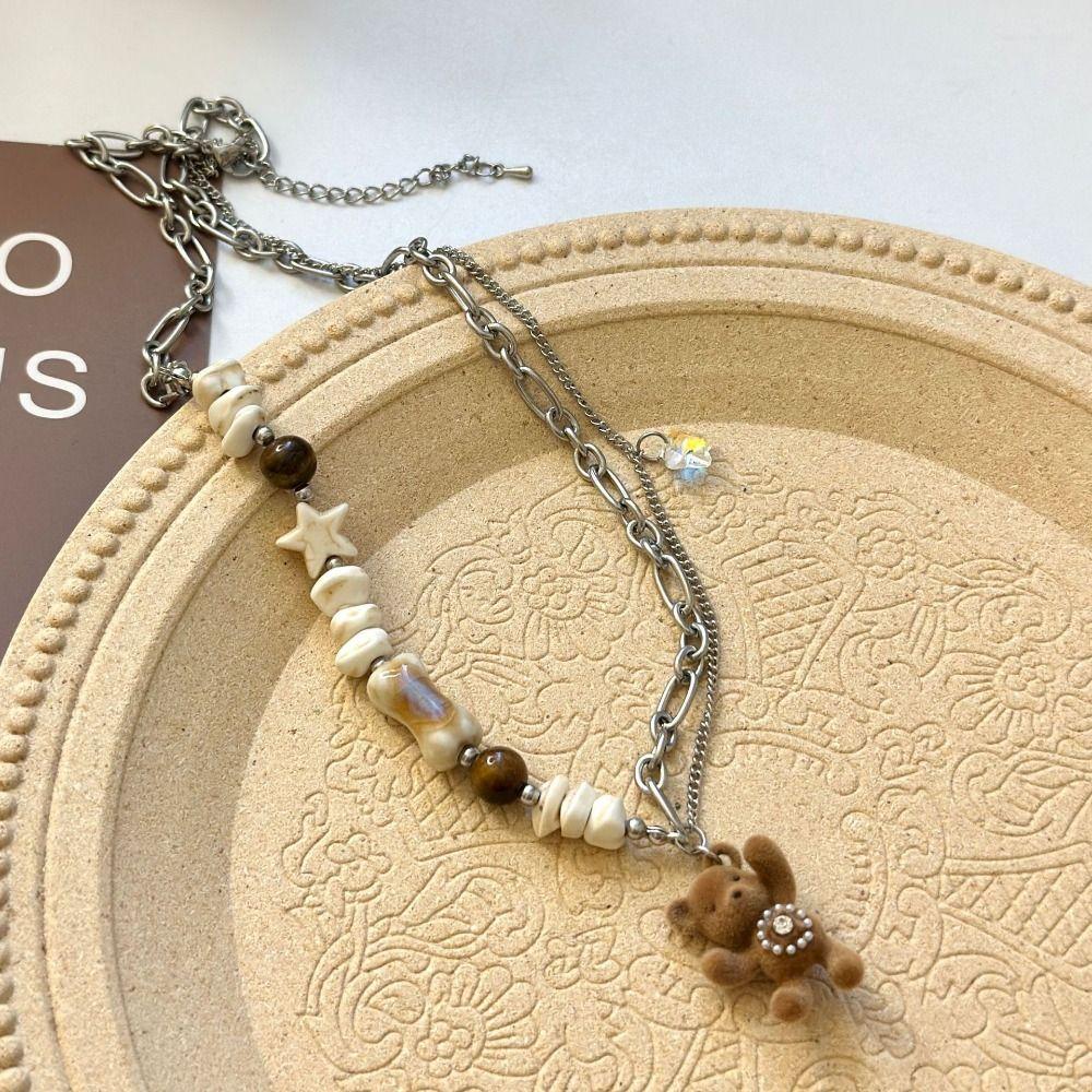 Funny Cartoon Ring Set Cute Flocked Bear Necklace Versatile Bear Pendant Necklace Girls Jewelry