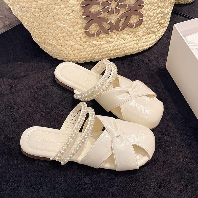 

Бисером мягкая подошва плоское дно сумка голова полушлепанцы женские летние 2025 новый красивый с юбкой одно слово крутые шлепанцы 40 слоновая кость