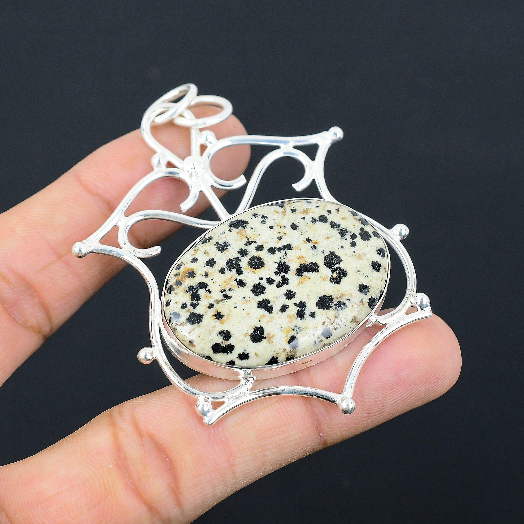 

Womens day Sale Oval Natural Dalmatian Jasper 925 Sterling Silver Ethnic Pendant