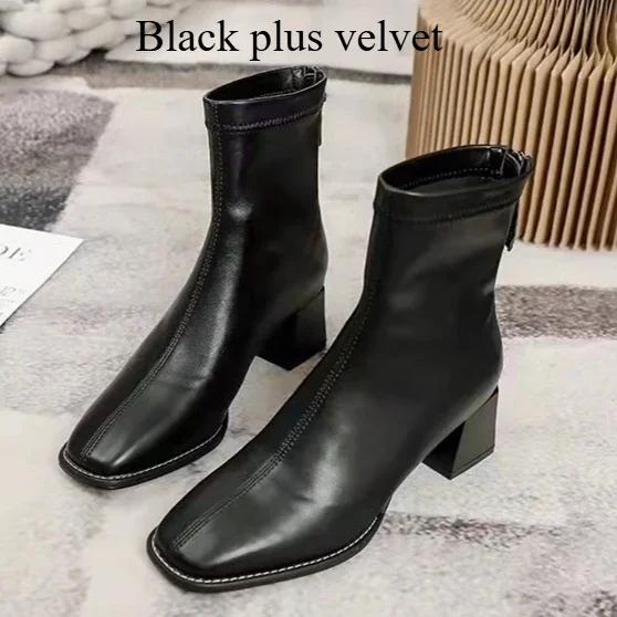 Women Outdoor Square Toe Ankle Boots Women Comfortable Fashion Designer Shoes Mid Heels Zipper Boots Big Size Shoes For Women