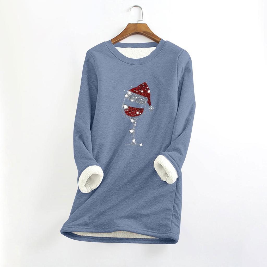 Top longo feminino com decote redondo e manga comprida, estampa de natal, grosso, pelúcia, cashmere, quente