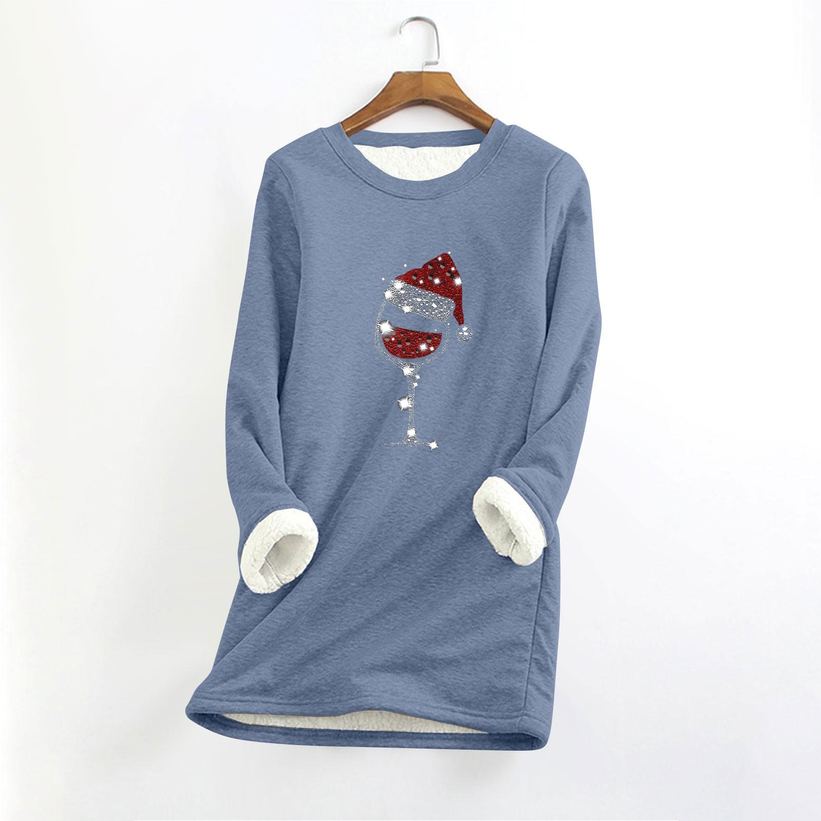 

Женский круглый вырез с длинным рукавом и рождественским принтом, утолщенный плюшевый кашемировый теплый длинный топ XL синий