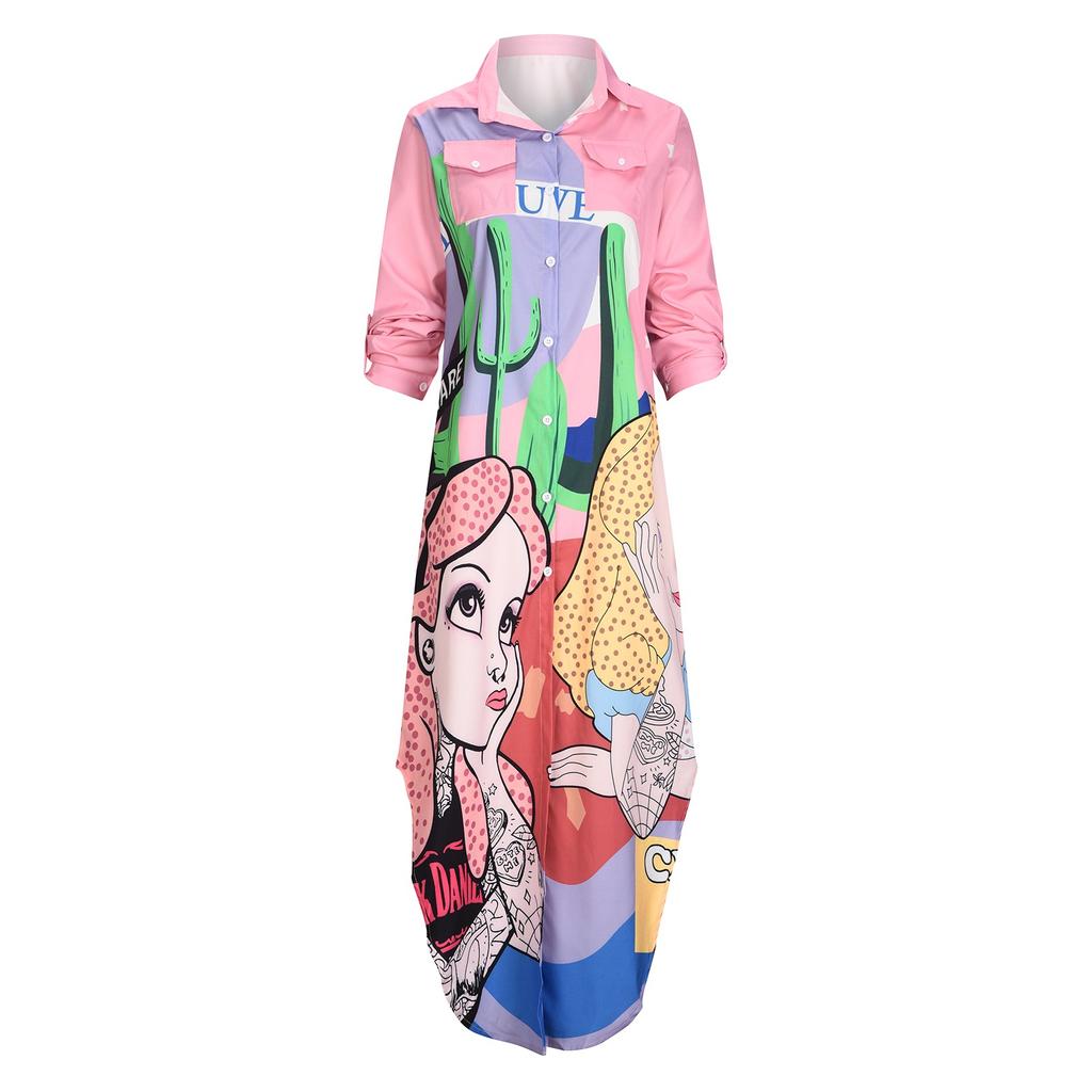 Women's Button Down Dress Casual Long Sleeve Maxi Dresses Loose Printed Shirt Dress