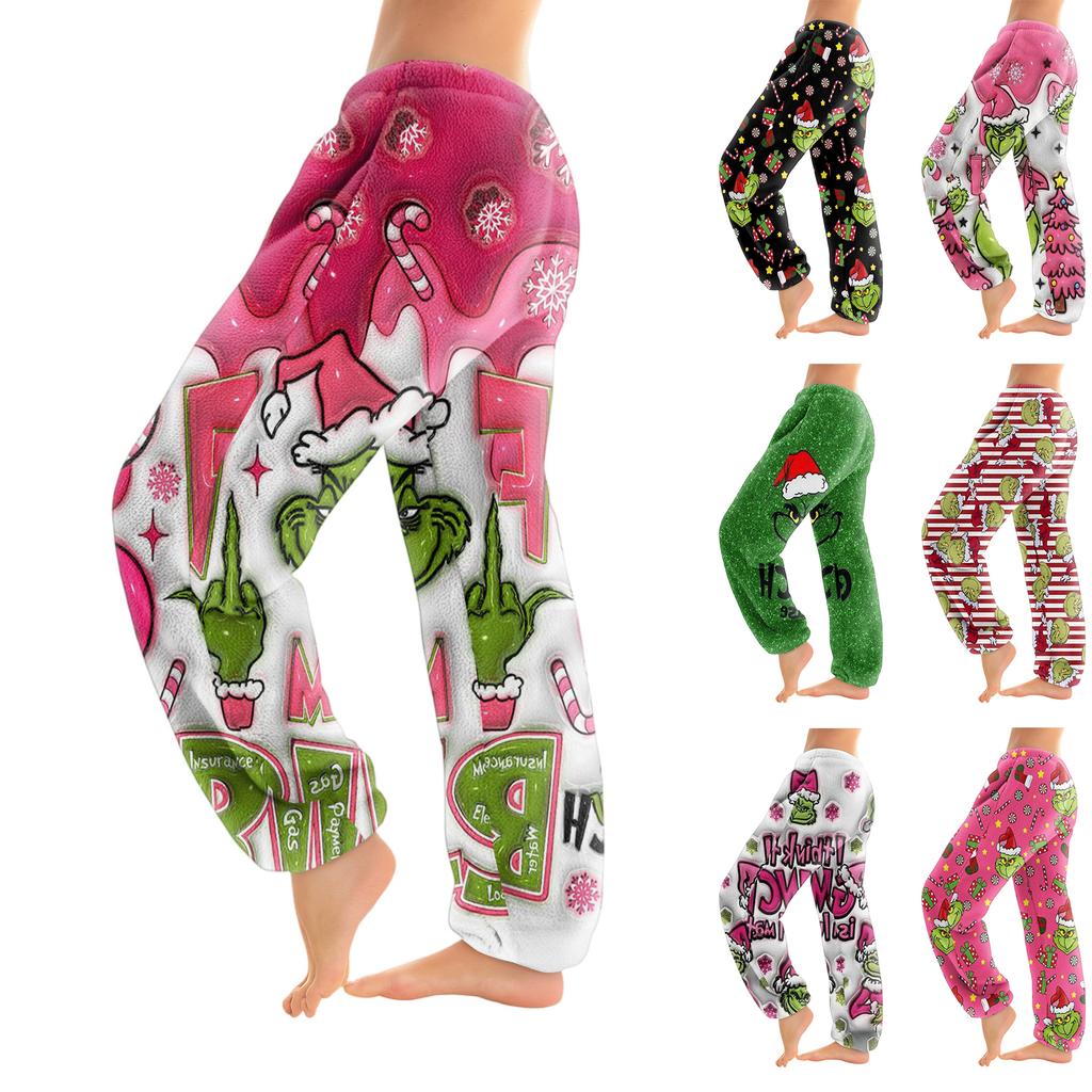 Women's Christmas  Print Trousers With Drawstring Cuffs Casual Pants And Pajamas