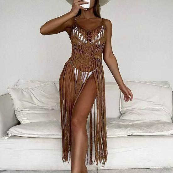 Beach Cover Up Women Sling Sleeveless Loose Fit Cutout Bikini Cover-up Dress Solid Color Sun Protection Beach Wear