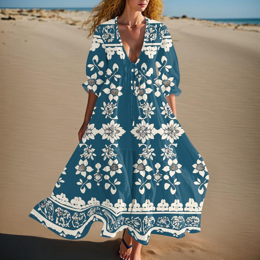 Women's Summer Fashion V-neck Retro Floral Print Short Sleeved Beach Dress With Lace Patchwork Dress