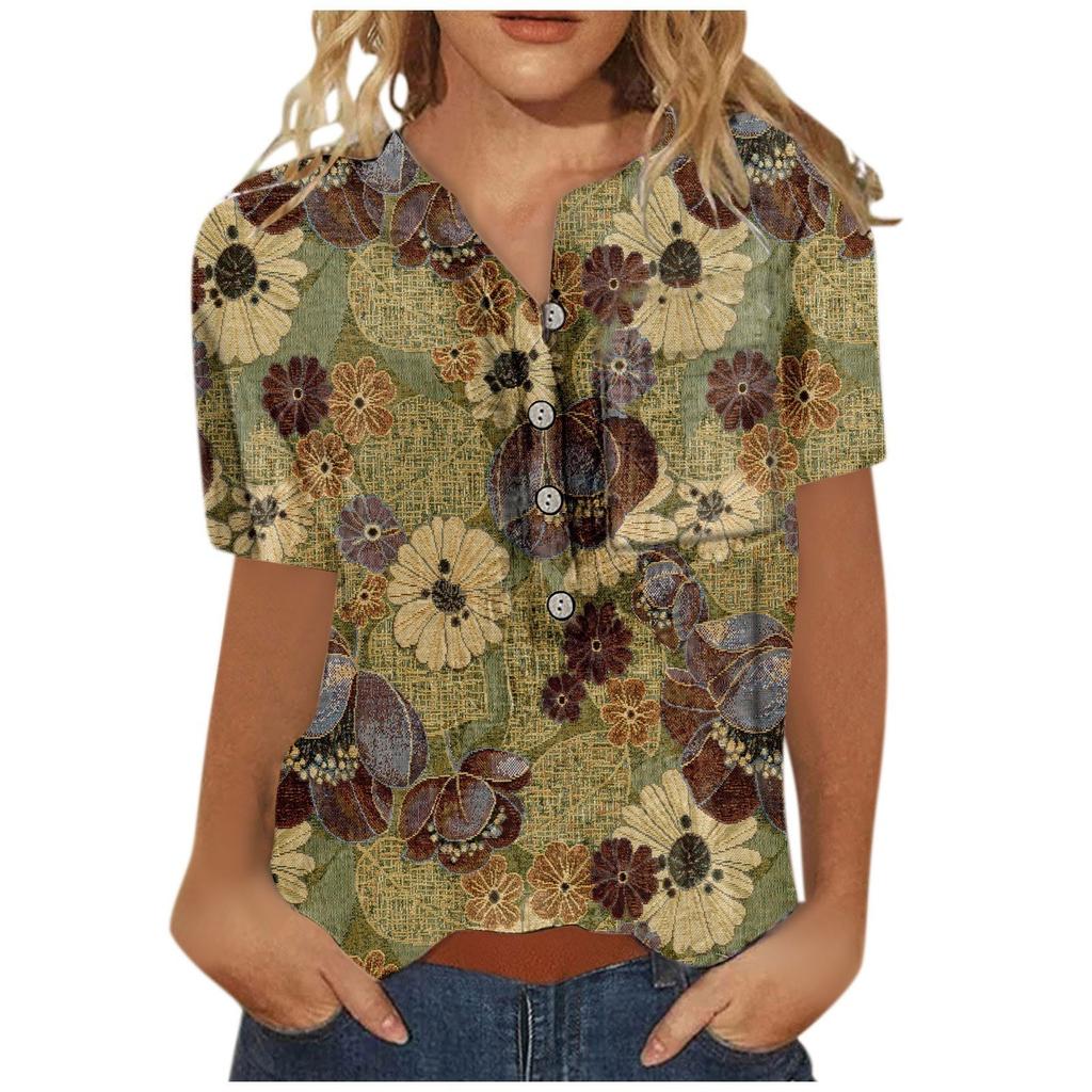 Women's Button Down Fashion Casual Vintage Print Short Sleeve Shirts Blouse