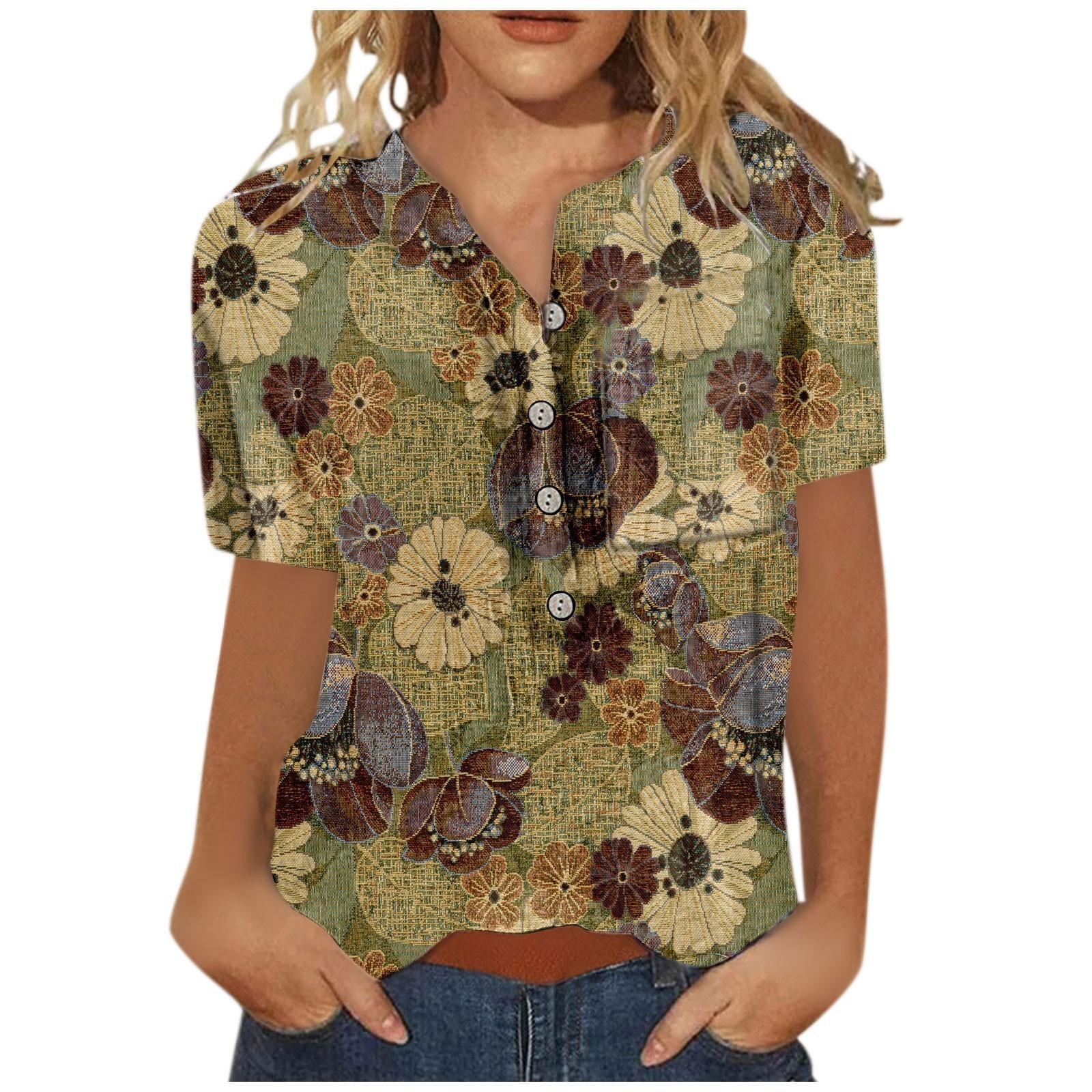 

Women s Button Down Fashion Casual Vintage Print Short Sleeve Shirts Blouse