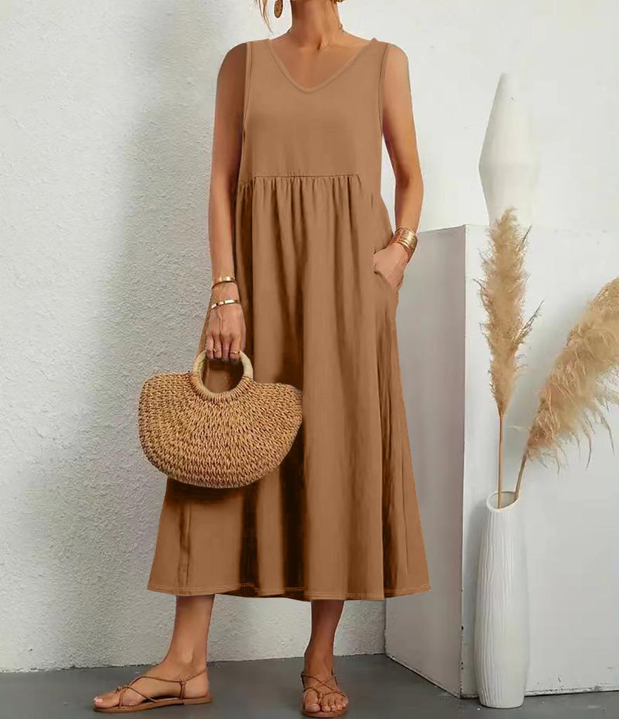 Fashionable Summer Temperament Women's Solid Color Cotton Linen Loose V-neck Dress