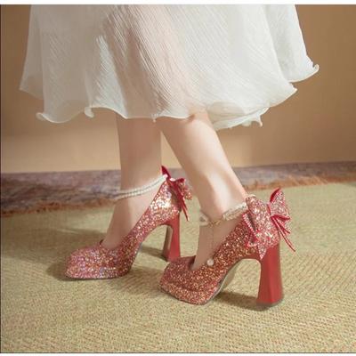 Prata Lantejoulas Salto Alto Bombas para Mulheres Primavera Elegante Pérola Tira No Tornozelo Sapatos de Casamento Salto Grosso
