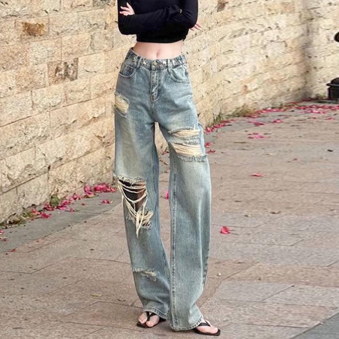 Women s Hong Kong Style Distressed High-Waisted Adjustable Denim Pants - Versatile Straight-Leg for Spring S