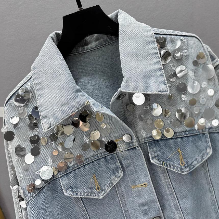 Heavy Industry Sequined Denim Jacket Women's Spring New Loose and Thin European Lapel Long-sleeved Jacket Trendy Brand