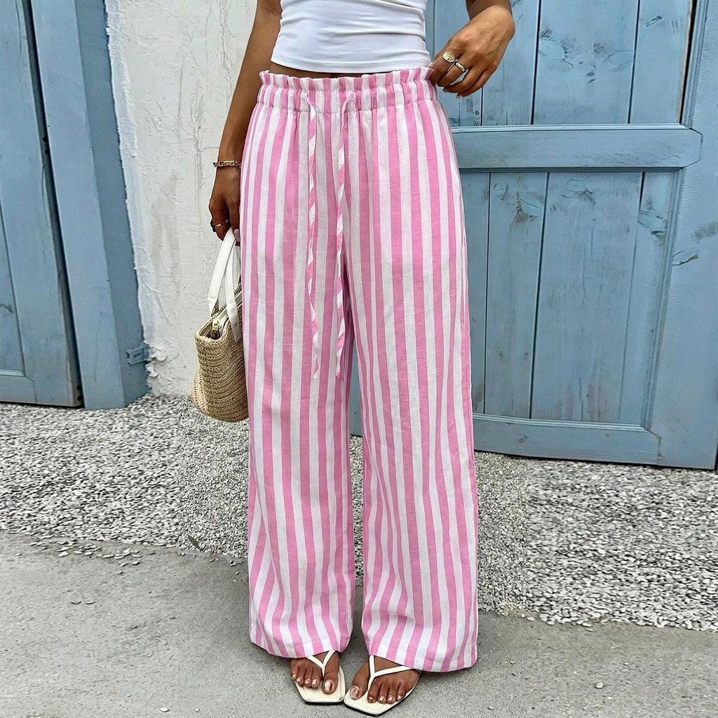Pantaloni Casual da Donna a Gamba Dritta a Righe, Vestibilità Larga, con Coulisse in Vita per un Comfort Rilassato Quotidiano