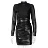 Minikjole i PU-skinn Ruched Turtleneck Langermet Bodycon Bandasje Sexy Streetwear-fest Elegant Autumn Winter Club