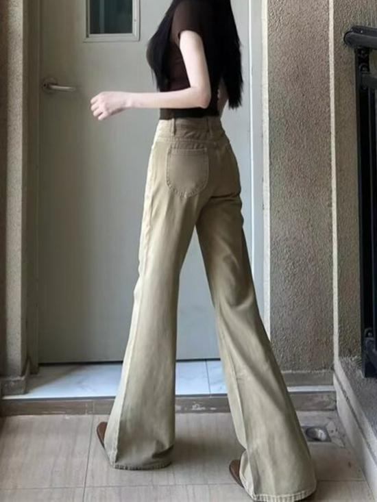 Retro Khaki Women's Low Waist Wide Leg Bell Bottom Jeans