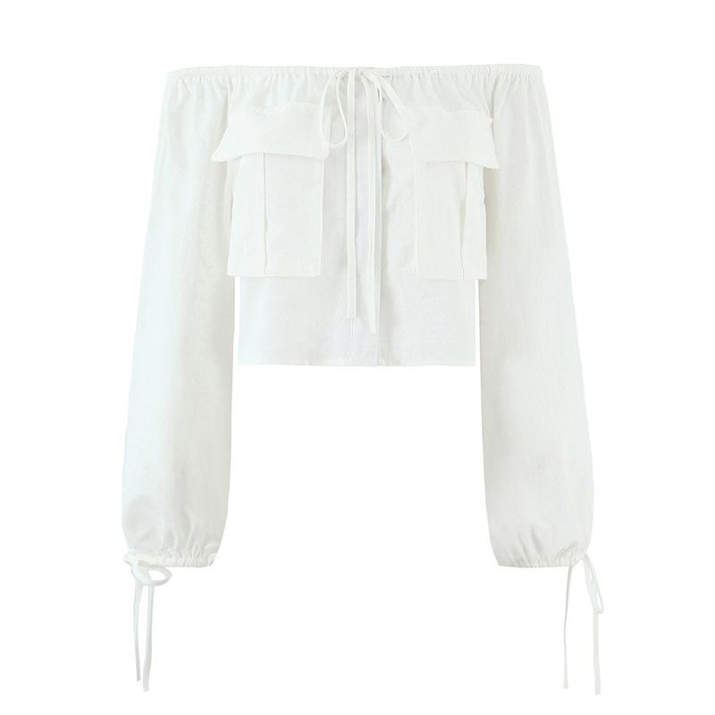 Elegant Retro White Lace-Up One-Shoulder Shirt with Large Pocket, French-Style Women s Long-Sleeve Blouse L белый