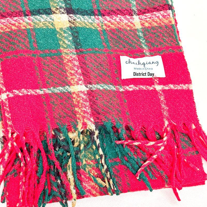 Korean Style Women's Red Plaid Winter Scarf - Thick, Warm Neckerchief, Perfect Christmas Gift for Students, 2024