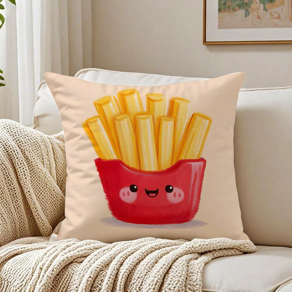 Cute Illustration of Hamburger Fries and Pizza Cushion Cover Pillowcase Antidustmite Living Room Sofa Decor Cushion Room