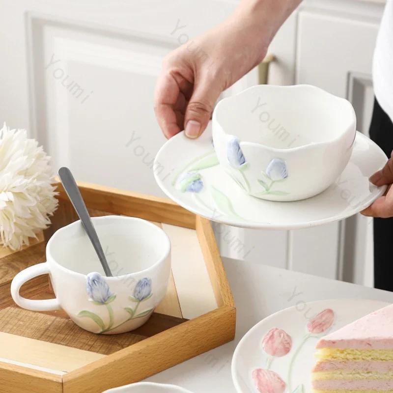 French Style Relief Ceramic Coffee Cups Home Breakfast Oat Yogurt Bowls Exquisite Flowers Dessert Plates Creative Tableware