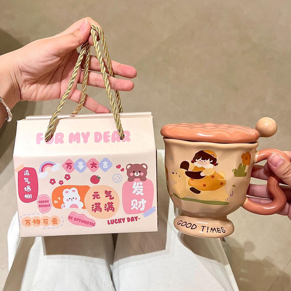 High-value Mug Ceramic Cup with Lid and Spoon Cute Drinking Cup Girls Office Coffee Breakfast Cup