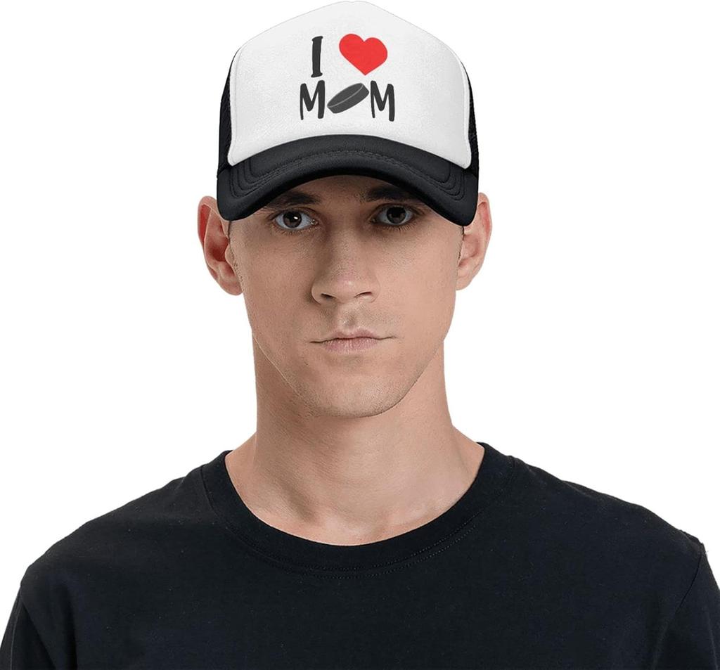 I Love Hockey Mom Graphic Print Mesh Trucker Hat Adjustable Baseball Cap Casual Unisex