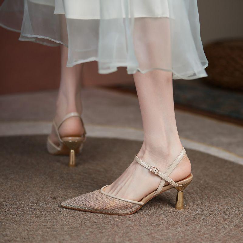 Mesh sandals fairy fairy wind bag head empty niche shoes summer new thin heel one-word buckle pointed high heels