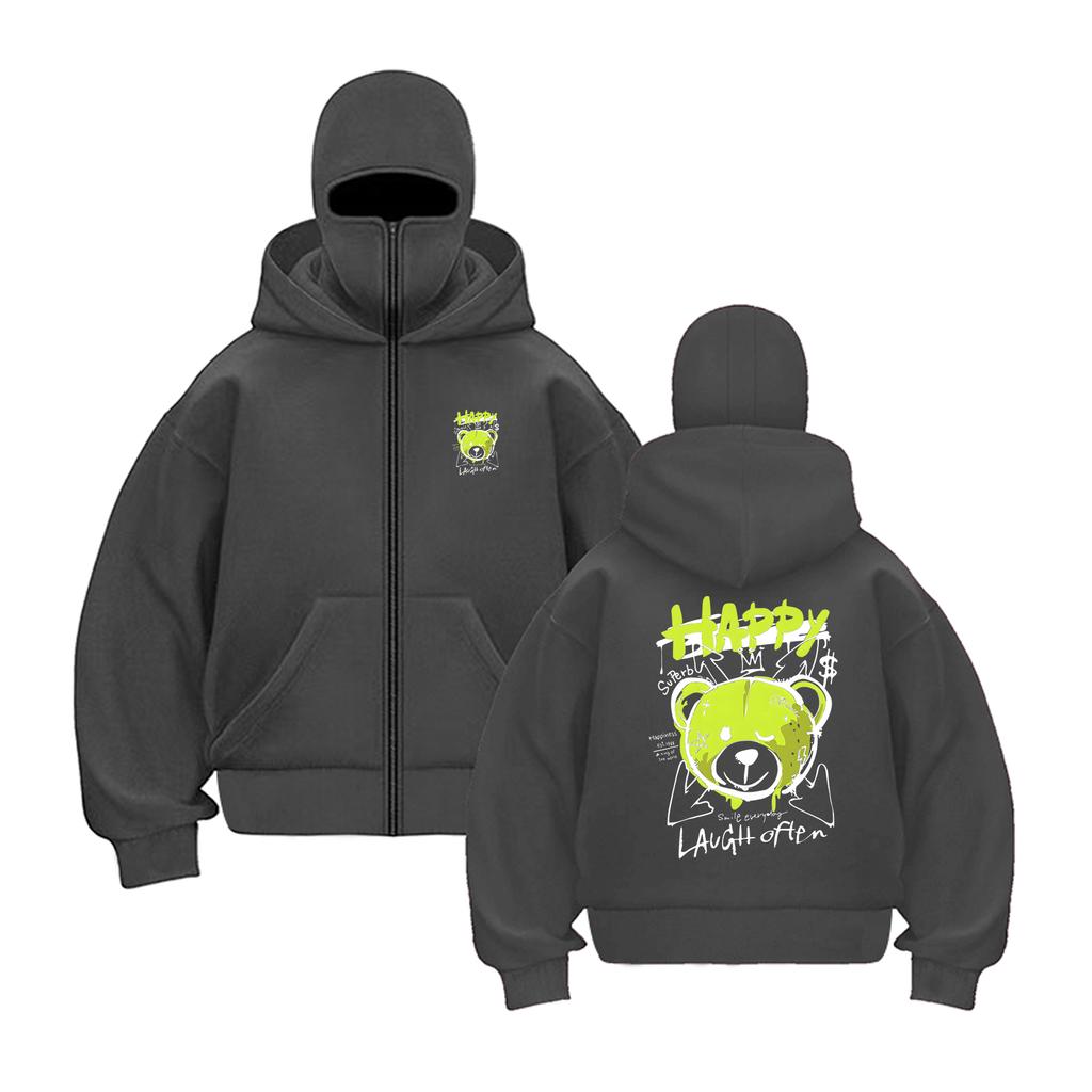 Blue Happy Bear Slogan zipper Hoodies For Male Creative Casual Hoody Sport Cartoons Sweatshirts Pocket All-Match Mens Pullovers