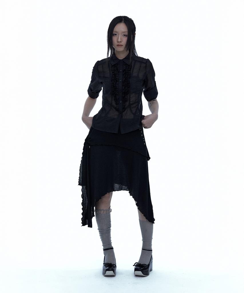 Rough Neck Asymmetrical Tie Knit Skirt Black