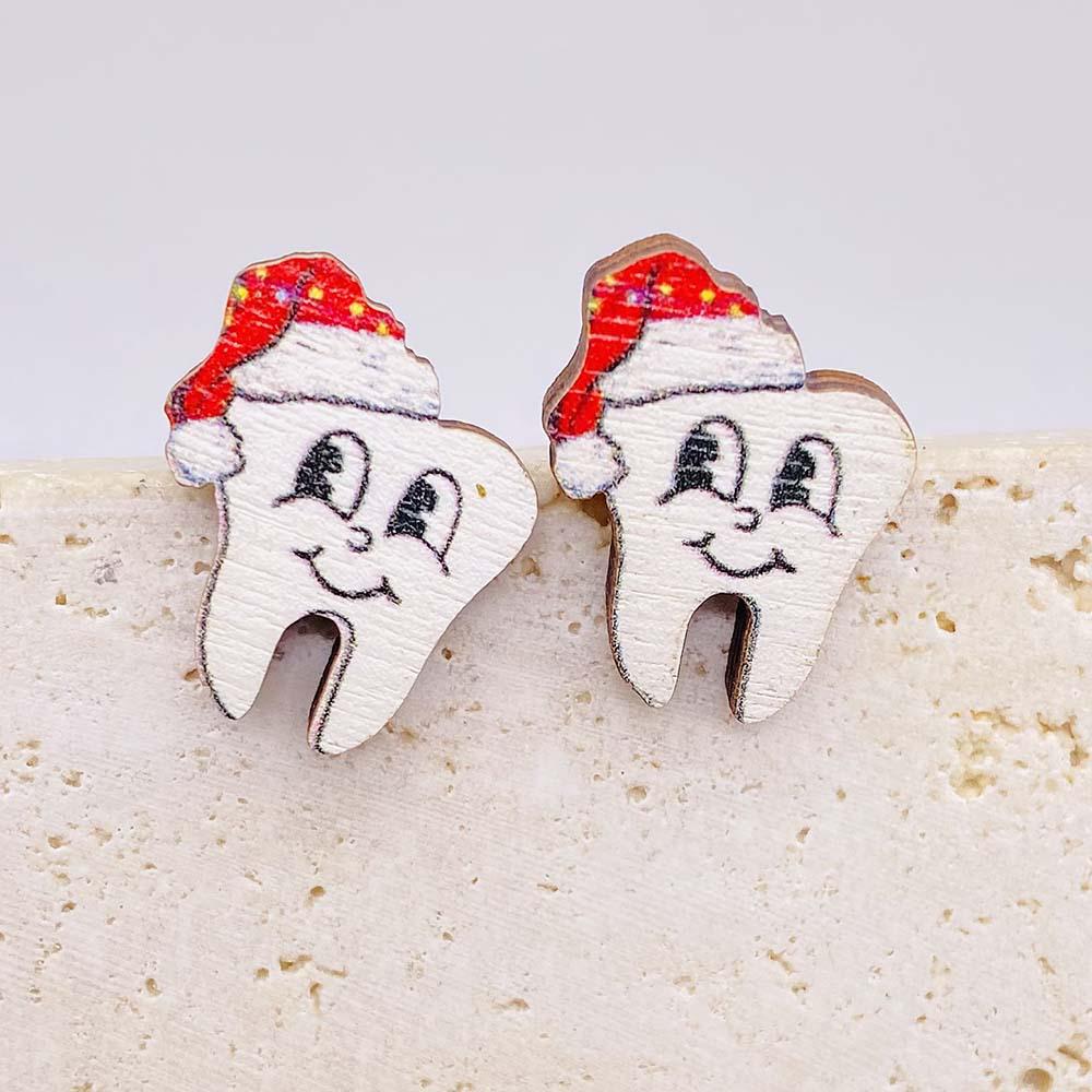 Christmas Wooden Stud Earrings Set: Bell, Santa Hat, and Gloves - Festive Holiday Jewelry Trio